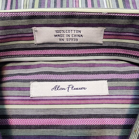 Alan Flusser Men's Dress Shirt Multicolor Striped Long Sleeve Purple Size 2XL - Picture 4 of 12